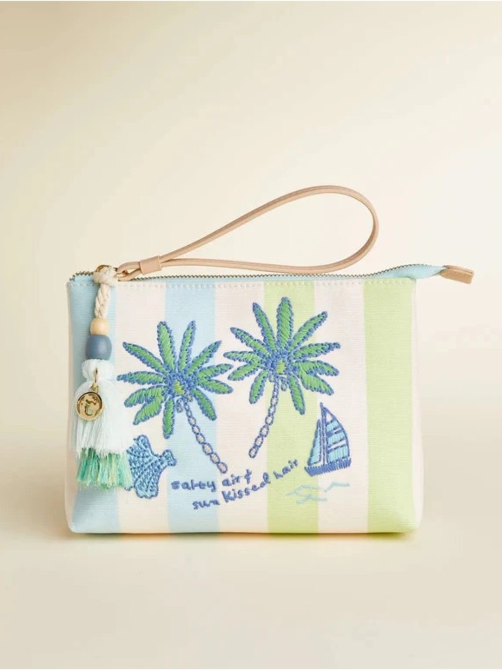 Spartina Palm Tree Embroidered Wristlet Clutch in Pastel Stripe